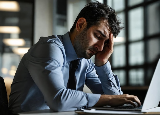 Foto trabajador de oficina cansado frente a la computadora portátil