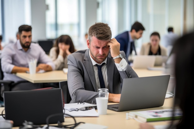 Foto trabajador de oficina con dolor de cabeza que se siente abrumado por los plazos inminentes presión de estrés laboral durante las tareas de oficina