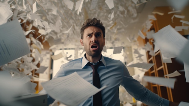 Trabajador de oficina enojado arrojó documentos de papel hasta la fecha límite Depresión del trabajo en un hombre una gran carga de trabajo de gestión de documentos