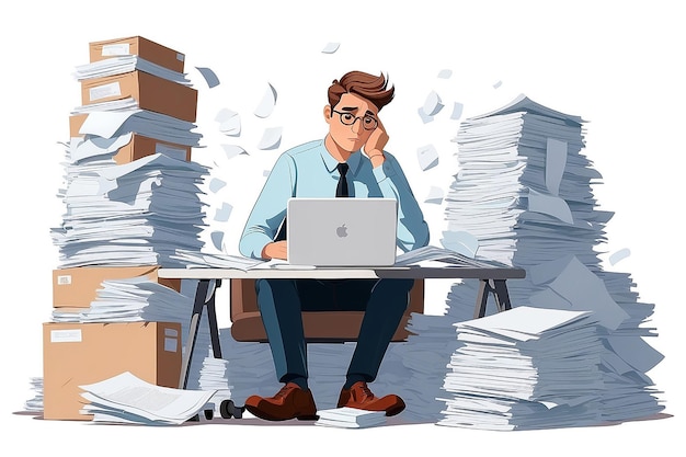 Foto trabajador de oficina estresado abrumado por el papeleo