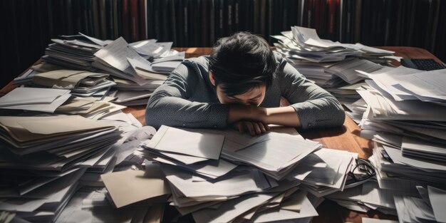 Foto trabajador de oficina estresado y agotado con una pila de documentos sin atractivo