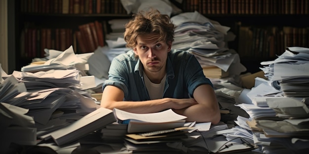 Foto trabajador de oficina estresado y agotado con una pila de documentos en el escritorio sin elegancia