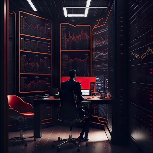 Trabajador de oficina de inicio que se enfoca en el análisis de acciones comerciales en una oficina futurista