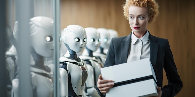 Trabajador de oficina y robots humanoides de inteligencia artificial están esperando una entrevista de trabajo