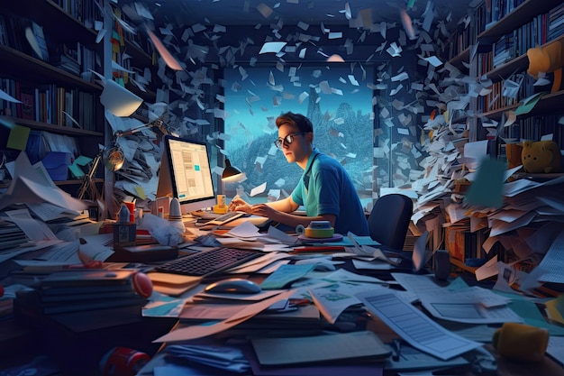 Trabajador de oficina de TI abrumado por una cantidad de hojas de trabajo en papel concepto de trabajo duro IA generativa