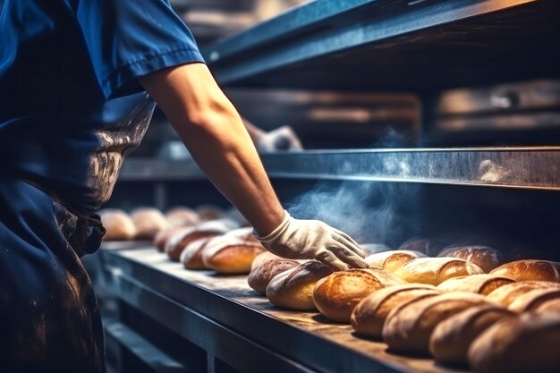 Foto un trabajador de una panadería pone el pan en el horno empresa de producción de pan panadería de cerca