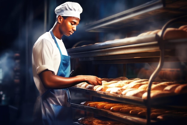 Foto un trabajador de una panadería pone el pan en el horno empresa de producción de pan panadería de primer plano