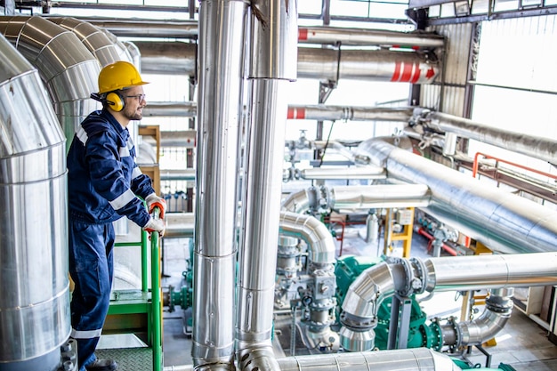 trabajador parado en una plataforma de puente de metal y controlando la producción de energía dentro de la planta de calefacción