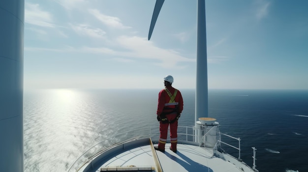 Trabajador en la parte superior de una turbina eólica en alta mar mirando el océano
