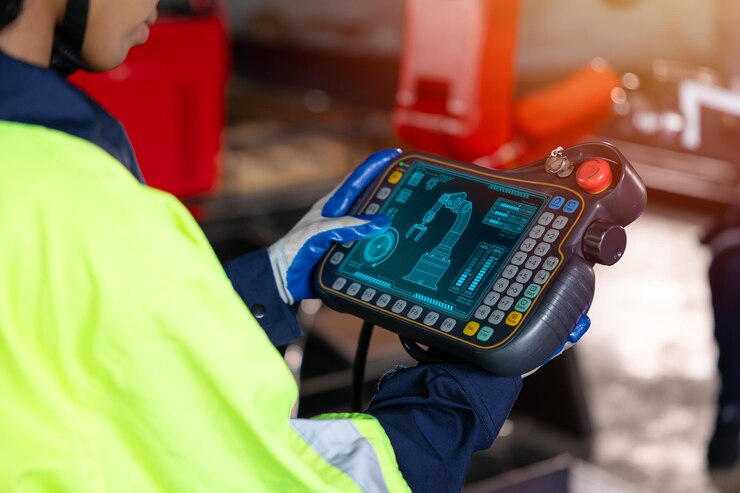 Foto el trabajador del personal de ingeniería inteligente utiliza el control remoto digital para operar el brazo robótico de la industria en ingeniería de tecnología de fábrica de automatización
