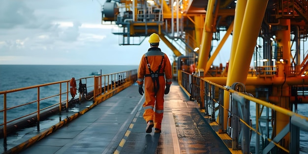 Trabajador petrolero de alto riesgo y alta remuneración en equipo de seguridad en una plataforma petrolera en alta mar Concepto Trabajador petrolera en equipo de protección en plataforma petrólica en alta mar Trabajo de alto riesgo Carrera de alta remuneración