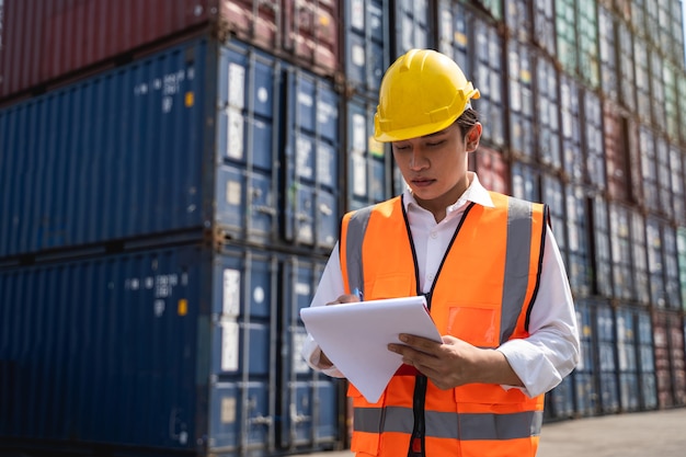 Un trabajador de pie y usa un casco amarillo controla la carga y verifica la calidad de los contenedores del buque de carga de carga para el envío de importación y exportación