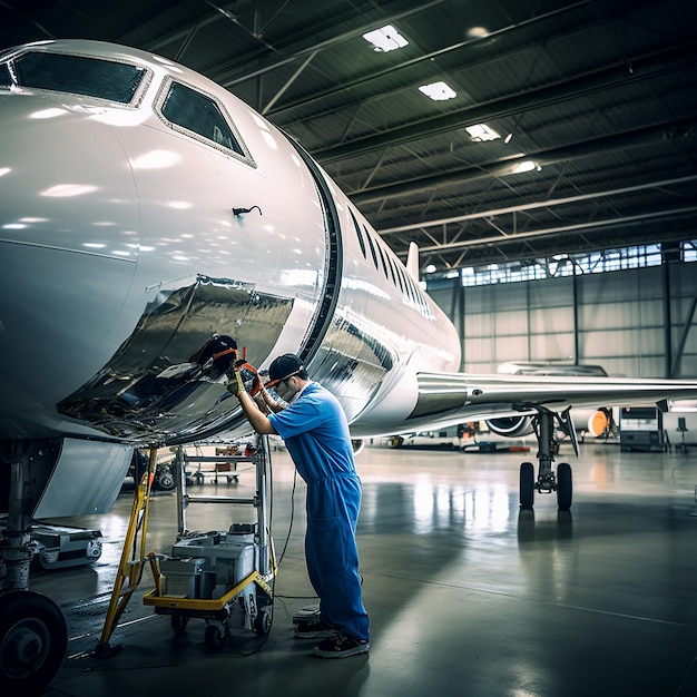 Trabajador pintando el avión dentro del gran hangar