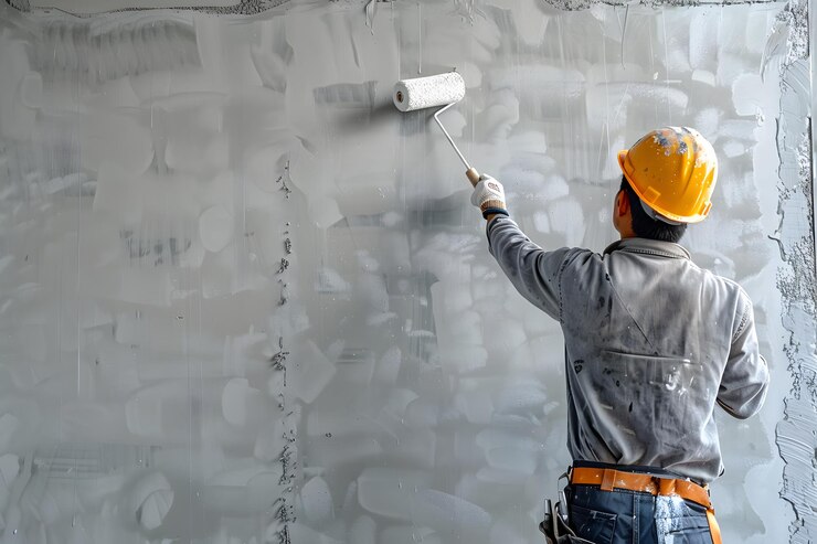 Trabajador pintando una pared con un rodillo en un entorno de construcción