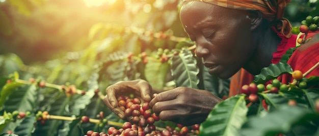 Un trabajador de una plantación de café recoge granos en una plantación arbustiva