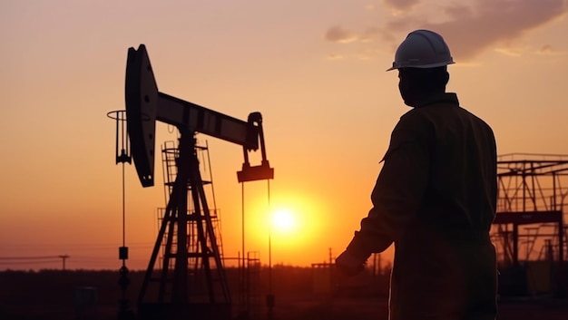 Trabajador y plataforma petrolera al atardecer creados con tecnología de IA generativa