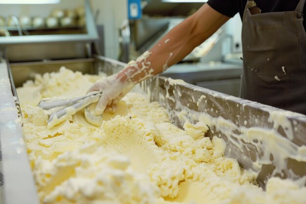 Trabajador de la producción de queso separando la cuajada con herramientas