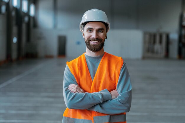 Trabajador profesional de barba feliz, capataz de fábrica, constructor con ropa de trabajo y sombrero blanco