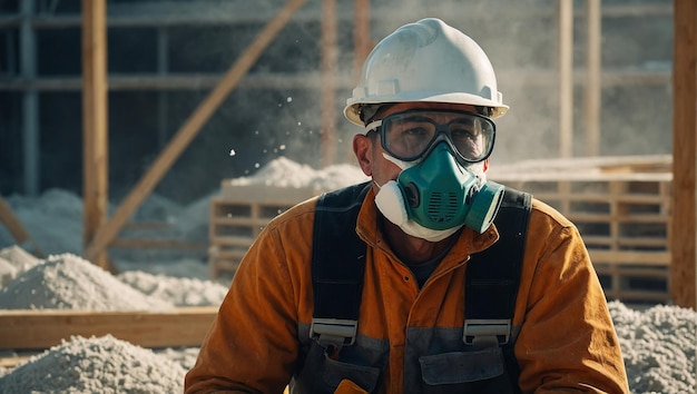 Trabajador profesional de la construcción que lleva una máscara de polvo de alto grado rodeado de muchas partes flotantes