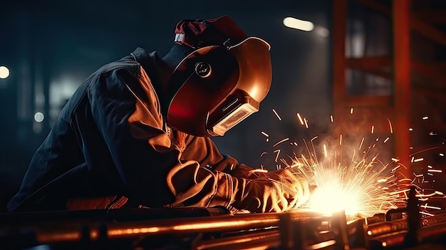 Trabajador profesional de la industria pesada con casco soldadura de tuberías de petróleo y gas Construcción de la fábrica de fabricación industrial de oleoductos de transporte de gas natural y combustibles