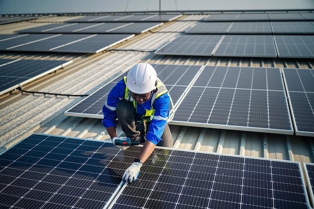 Trabajador profesional instalando paneles solares en el techo de una casa