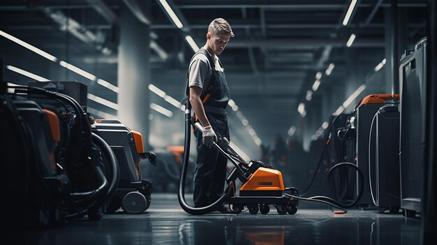 Foto trabajador profesional con máquina de limpieza en la oficina