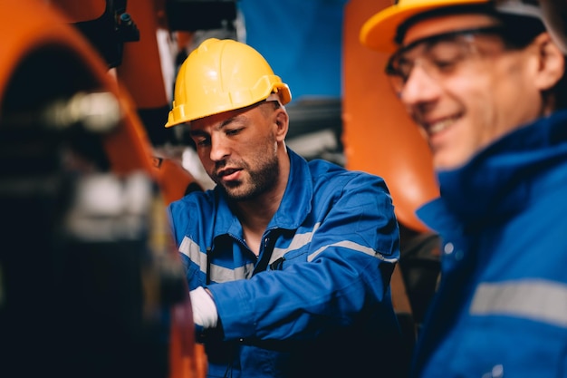 Trabajador profesional máquina de mantenimiento brazos robóticos maquinaria industrial Técnico trabajando