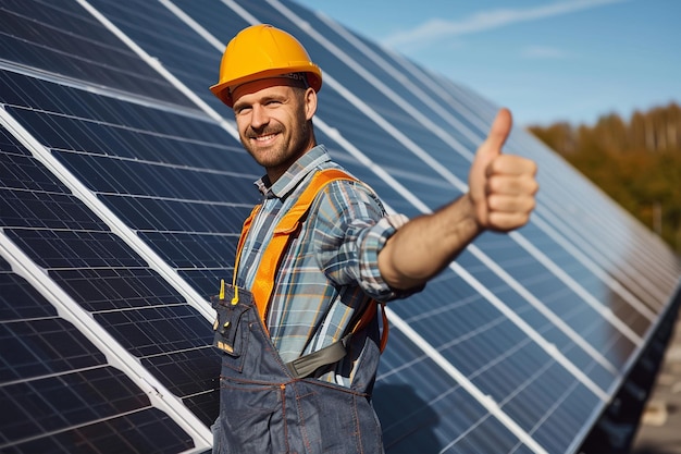 Trabajador profesional de pie junto al panel solar y pulgares hacia arriba