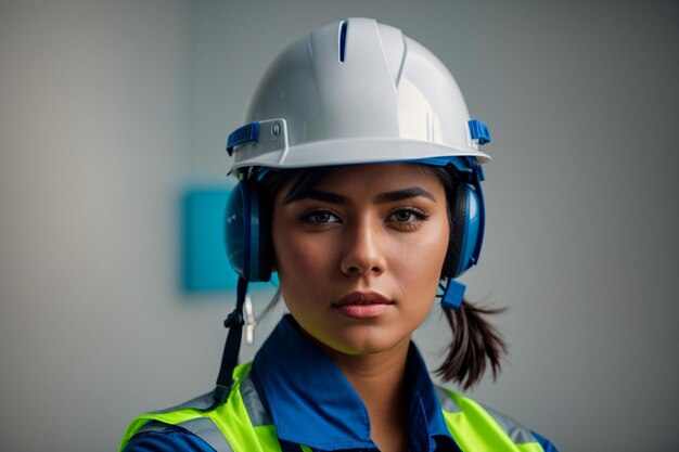 Trabajador profesional con ropa reflectante y casco de pie vista frontal