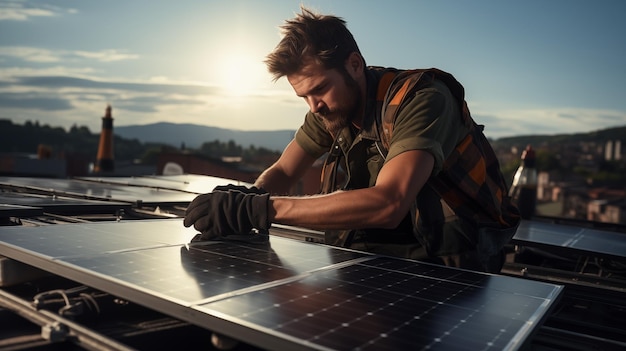 Foto trabajador que fija paneles solares sobre una base metálica ingeniero de energía solar que instala paneles solares en el