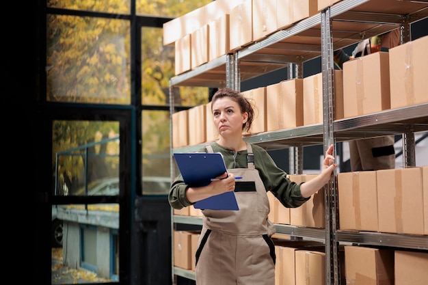 Trabajador que gestiona el suministro de mercancías en el almacén del departamento de logística, controlando la distribución de mercancías antes de preparar los pedidos de los clientes. Gerente de almacén de pie cerca de estantes con cajas de cartón