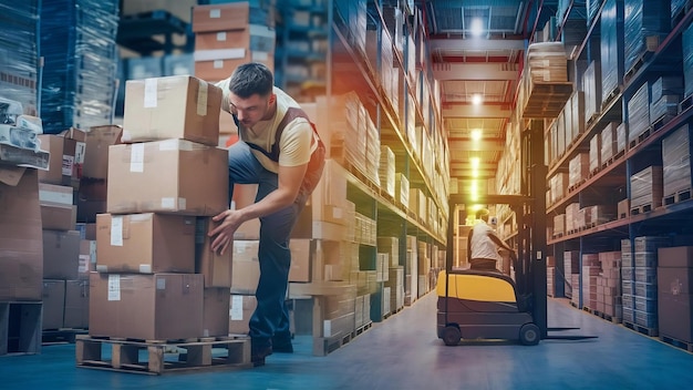 Trabajador que levanta cajas de paquetes en paletas cajas de envío de carga logística de almacén de envío