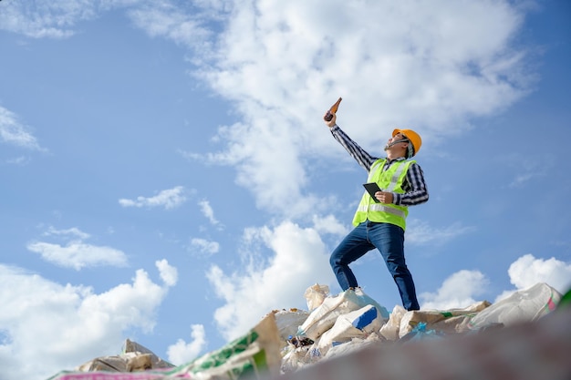 Un trabajador que sostiene una botella de vidrio se encuentra sobre una pila de residuos de botellas de vidrio Para desechar y reciclar en una pequeña planta de reciclaje de residuos concepto de éxito
