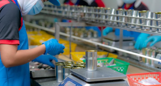 Trabajador que trabaja en fábrica de conservas Industria alimentaria Fábrica de conservas de pescado Trabajadores que pesan sardinas