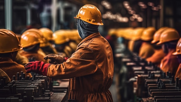 trabajador que trabaja en una fábrica con traje de seguridad amarillo