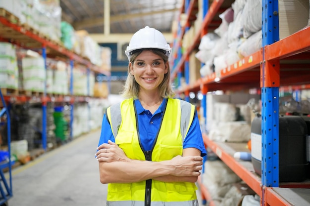 Trabajador que trabaja en un gran almacén con una lista de verificación de gráficos en papel que verifica el material en comparación con las cajas envueltas con plástico y se mantiene en una plataforma de madera lista para enviar al cliente