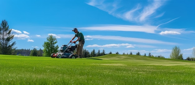 Un trabajador que usa un cortador de césped está trabajando en un campo de golf con un cielo azul brillante