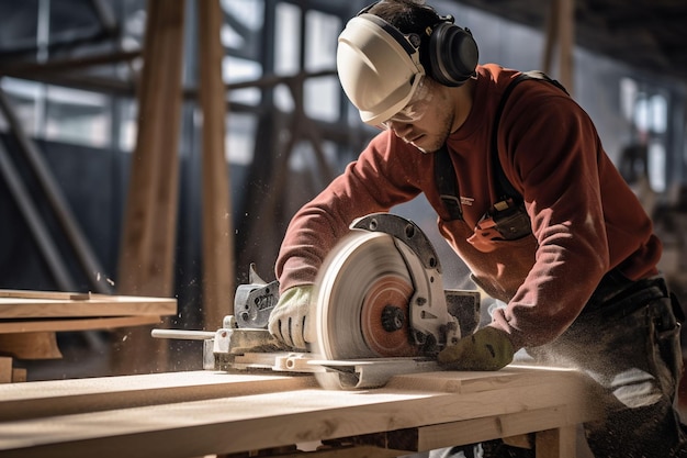 Trabajador que usa una sierra circular para cortar una tabla de madera en un sitio de construcción