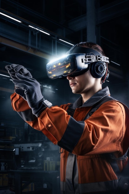 un trabajador que utiliza gafas AR para capacitación práctica en un entorno de fabricación Generación de IA