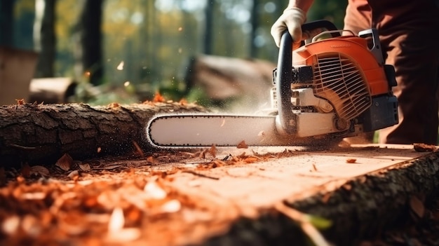 Trabajador que utiliza una motosierra para cortar la madera Concepto de tala de bosques de deforestación