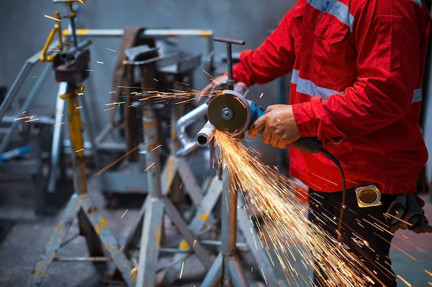 El trabajador que utiliza el rectificado de chispas de ruedas eléctricas en acero metálico es parte de la estructura de la viga