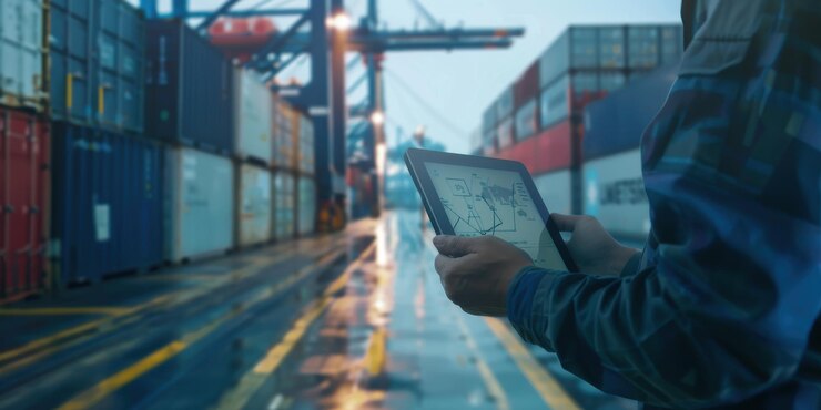Trabajador que utiliza una tableta para administrar la logística y rastrear los envíos de contenedores en un puerto comercial ocupado