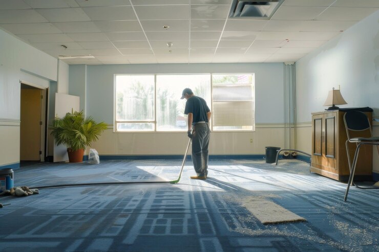 Trabajador quitando la alfombra vieja en una habitación vacía durante la renovación preparando el suelo para la nueva instalación