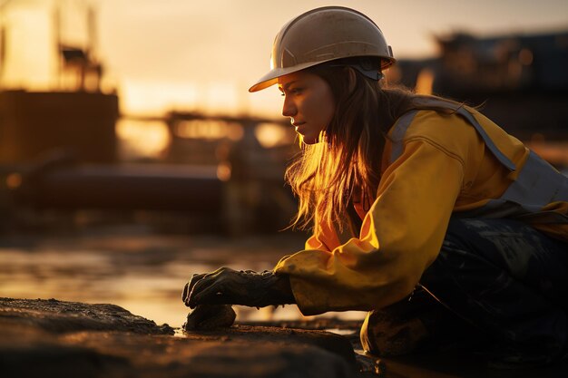 Foto trabajador realizando tareas de reparación en un depósito marino durante una cautivadora puesta de sol