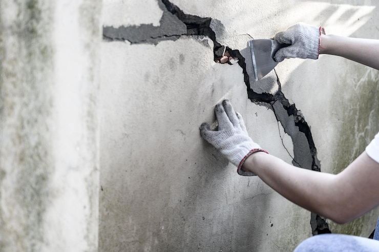 Trabajador repara y arregla la cerca de cemento en casa. Construcción de bricolaje y reforma de casa.