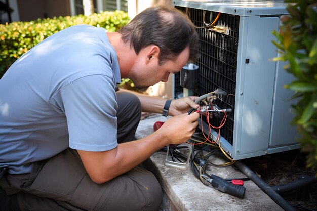 Trabajador reparando la unidad de aire acondicionado externo al aire libre IA generativa