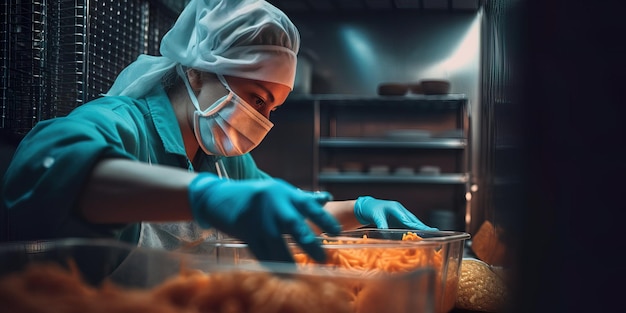 Trabajador de restaurante con red para el cabello y guantes mientras manipula alimentos para evitar la contaminación IA generativa