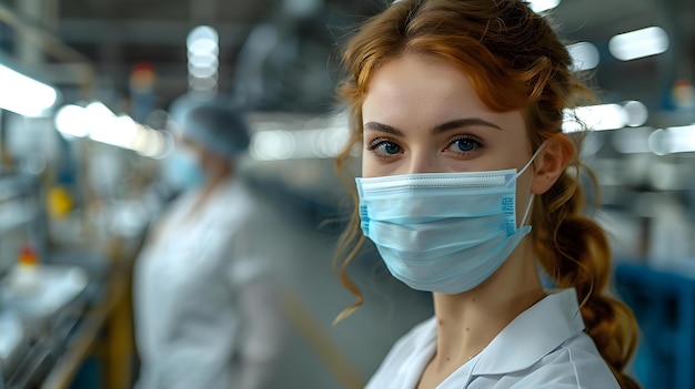 Foto trabajador resuelto con máscara en medio de la pandemia en el concepto de fábrica trabajador de fábrica resiliencia a la pandemia medidas esenciales de seguridad de los trabajadores