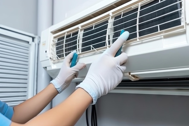 Trabajador revisando el mantenimiento del servicio del sistema de aire acondicionado