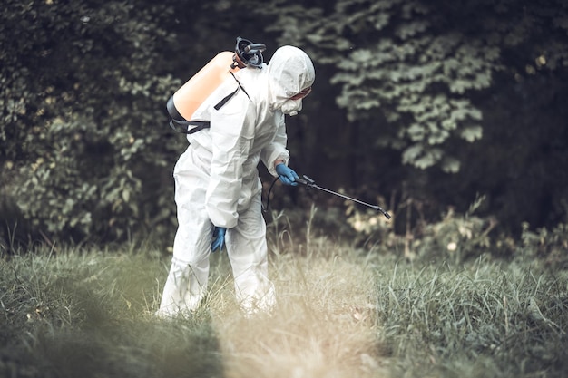 Un trabajador rocia pesticidas en los árboles al aire libre Control de plagas de árboles